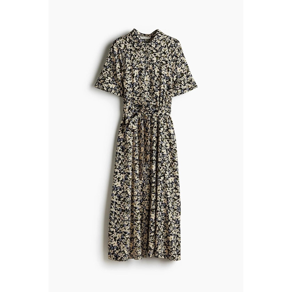 H&M Black Floral Tie-Belt Shirt Dress Womens Medium NWT Short Sleeve Midi Button - Picture 16 of 16